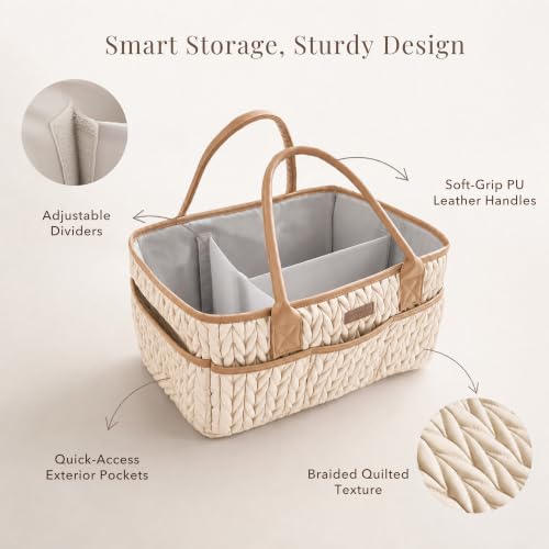 Konssy Baby Diaper Caddy Organizer, Braided Quilted Design with PU Handles - color: Toffee Brown