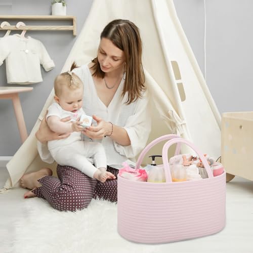 COMSE Large Cotton Rope Baby Diaper Caddy Organizer for Girls, Light pink - color: Light pink, size: Large
