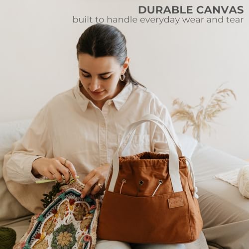 Stylish Crochet Bag Organizer for Yarn - Durable Canvas with 8 Pockets - color: Brown