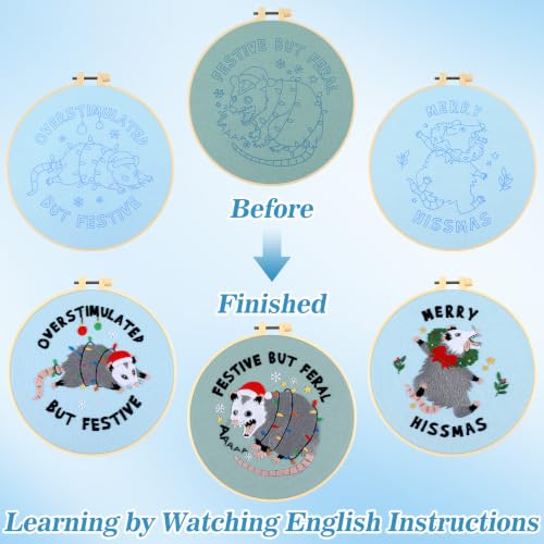 Mindsoft 3 Set Needlepoint Kit for Beginners with Hoop,Christmas Possum - style: Christmas Possum