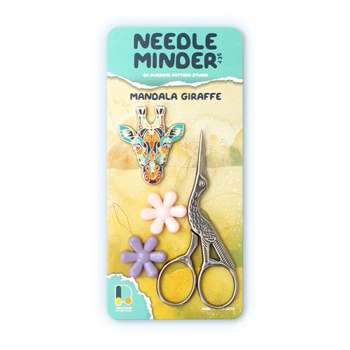 Awesome Pattern Studio Needle Minder Set - Mandala Giraffe Magnetic Needle Minder + 2 Needle Threaders + Crane Scissors. Enamel Pin for Cross Stitch, Embroidery and Craft - size: Giraffe Set #2