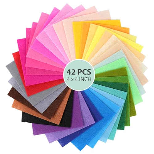 42 pcs Felt Fabric Sheet 4"x4" Assorted Color DIY Craft Squares Nonwoven 1mm Thick