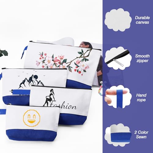10 Pieces Cotton Canvas Makeup Bag with Bottom and Strap, Multi-Purpose Cosmetic Bag with Zipper Travel Toiletry Pouch, Blank DIY Craft Bag (White&Blue, XS) - color: White&Blue, size: XS