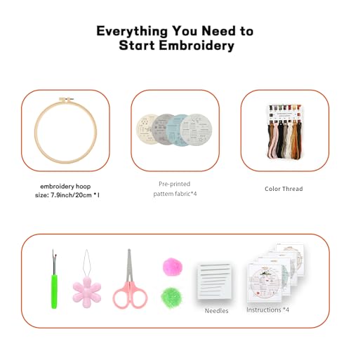 JOINRUN Beginner Embroidery Kit for Adults, 4 Pack with Video Tutorial - color: Panda