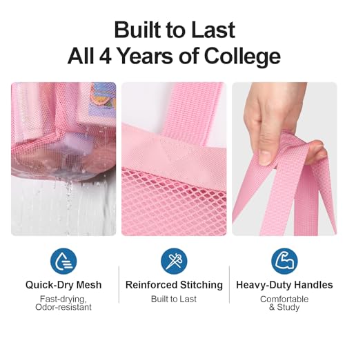Mesh Shower Caddy Portable - 8 Pockets, S-Hook, Shower Bag for Dorm Camping - color: Pink, size: L (Classic Dorm Caddy)
