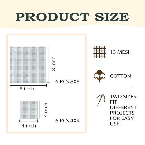 12 Pcs 13 Mesh Mono Needlepoint Canvas, White, Cotton(8"x8"&4"x4") - size: 13mesh 8"x8"&4"x4"