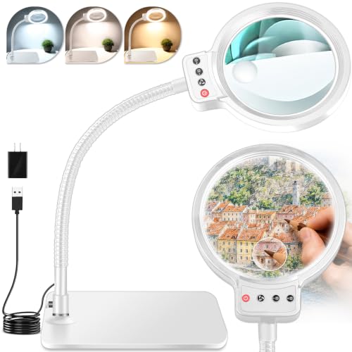 30X 10X Large Magnifying Glass with Light and Stand,LED Magnifier Desk Lamp - color: White