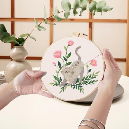 Ohcol 3 Sets Cat Embroidery Kit,Needlepoint Kits for Adults Beginner,Needle Point Sets with Washable Pre-Printed Pattern,1 Hoop,Women Hand Crafts - color: Q-Cat (3 Patterns, 1 Hoop + Extas)