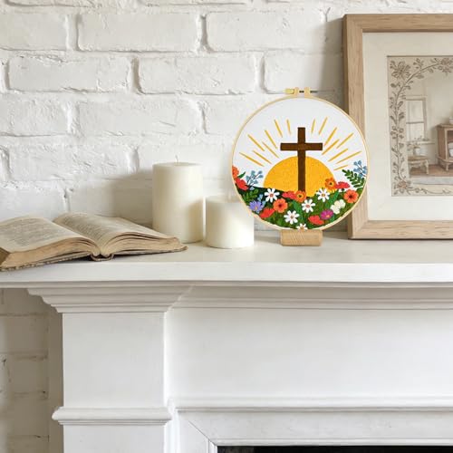ElasignShopo Christian Embroidery Kit for Beginners Adults, Easy Cross Stitch Kit Easter Cross Jesus Pattern Embroidery Starter Kits with Wooden Hoop, Needles, Threads and Instruction Easter Gift - color: Flower Cross