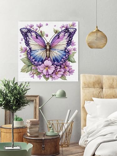 askkqtx Butterfly Stamped Cross Stitch Kits for Adults 14x14 Inch - color: Butterfly-XJ007