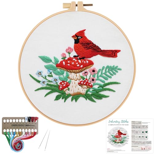 Louise Maelys Cardinal Mushroom Embroidery Kit for Beginners DIY Craft - color: Cardinal