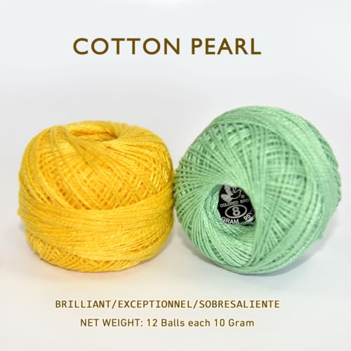 Double Mercerized Egyptian Long Staple Cotton Pearl Thread Ball 10 Grams Rainbow Color 12 Colors per Box for Crochet Hardanger Kniting Hand Sewing,Pink & Fresh GreenPalette - color: Pink Fresh Green Palette