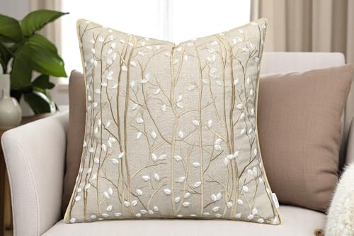 VAGMINE Embroidered Magnolia Branch 18x18 Throw Pillow Cover, Natural - color: Natural-forest, size: 18" x 18" (Pack of 1)