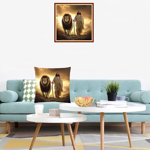 Lovxvouy Pillow Cross Stitch Kits for Adults Beginners-Preprinted Needlepoint Kit Stamped Crossstitching Kits 11CT Cross-Stitch Kit Stitches Kit Embroidery Kits-Jesus the Lion 18x18 inchs - color: ColorCraft27