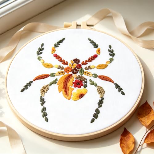 Fall Spider Embroidery Kits for Beginners Adults, Autumn Halloween Embroidery Starters Kits, Stamped Cross Stitch Kits Needlepoint Kits for Beginners Adults, Embroidery Hoop, Thread and Video Tutorial - color: H2128