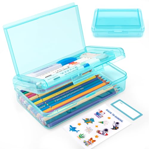 Double Layer Plastic Clear Hard Pencil Cases Box with Personalized sticker - color: Light Blue-Stickers