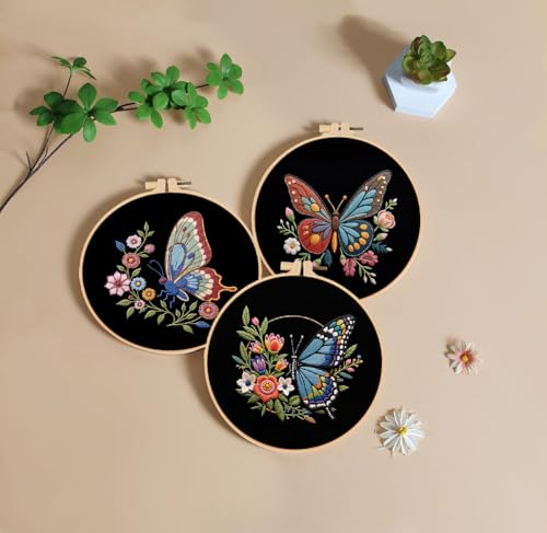 Konrisa Flower Butterfly Embroidery Kits for Adults, Stamped Embroidery Starter Kit with Hoop,DIY Sewing Needlepoint Cross Stitch Kit, Set of 3 - color: black