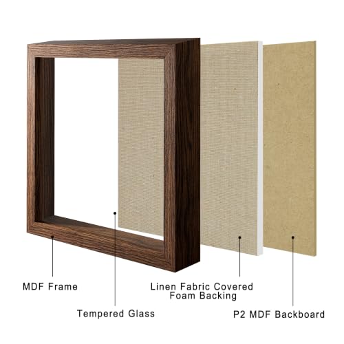 8x8 Shadow Box Picture Frame Display Case with Soft Linen Back, Brown Wooden Memory Shadow Box Frame with Tempered Glass Cover for Wall or Tabletop Display - color: Brown, size: 8x8