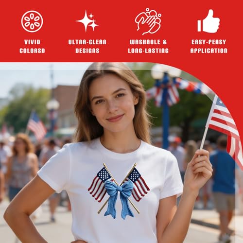 Dazoratix 4th of July Iron on Transfers - 20 Sheets Patriotic USA Flag Bow DTF Ready to Press 250th Anniversary Independence Day America Heat Patches Sticker Vinyl Decal for T Shirts Clothes DIY Craft - style: 4th of July