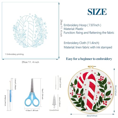 Zhenqing Christmas Embroidery Kit for Beginners - 4 Piece 29x29cm Round Designs with Embroidery Hoop, Threads & Tools (Snowy Cabin, Fireplace, Candy Cane, Holly)(C0066) - style: Snowy Cabin+ Fireplace+Candy Cane+Holly