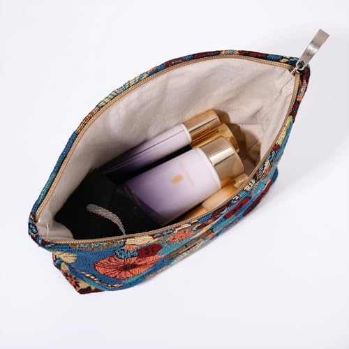 Butterfly Floral Cosmetic Bag Blue Base Zipper Travel Makeup Pouch - color: Flower Garden Blue