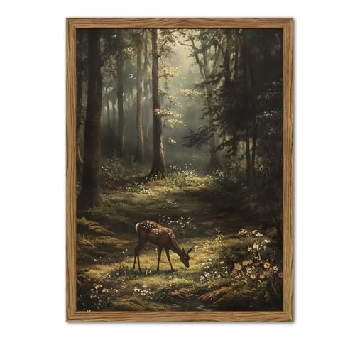 Framed Vintage Forest Deer Canvas Wall Art, Rustic Nature Landscape Paintings Wall Decor, Woodland Animal Pictures Prints Cottagecore Home Decor for Living Room Bedroom Office 16x24 inch - color: Deer, size: 24"L x 16"W