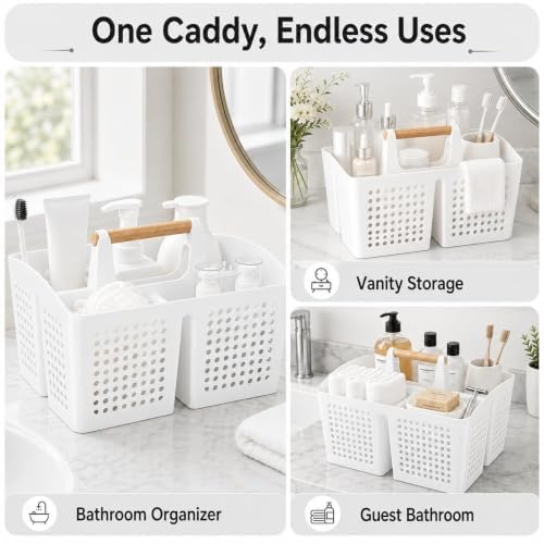 Portable Shower Caddy Basket with 3 Compartments and Handle, White - color: White