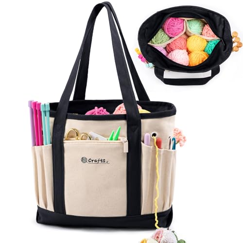 MYBAGZING Yarn Bags for Crocheting,Canvas Crochet & Knitting Tote Organizer - color: Nature-Black, size: Medium-12.5“