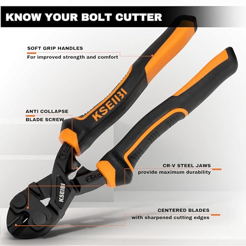 KSEIBI 8-Inch Mini Bolt Cutters Heavy Duty - Compact Bolt Cutter with Anti-Slip Handle for Wire, Cables, Chains, Small Screws - Handy Tool Featuring High Leverage Design and CrMo Blades - 161615 - size: 8 Inch High Leverage Bolt Cutter