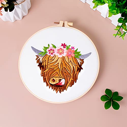 Louise Maelys Highland Cow Stamped Embroidery Kit Floral DIY Craft - color: kit-17