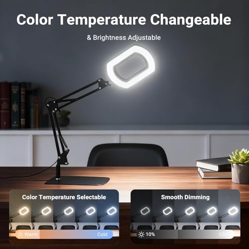 LIWEIGHT 15X Magnifying Glass with [Auto-Timer], Rectangular Real Glass Lens, 5 Color Dimmable Lamp with Stand & Clamp, Professional Hands-Free Magnifier for Reading, Sewing