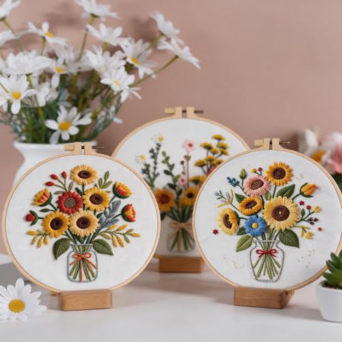 Herdiese Embroidery Kits for Beginners & Adults, 3 Sets Sunflower Patterns - color: Flower-D (3 Pack)