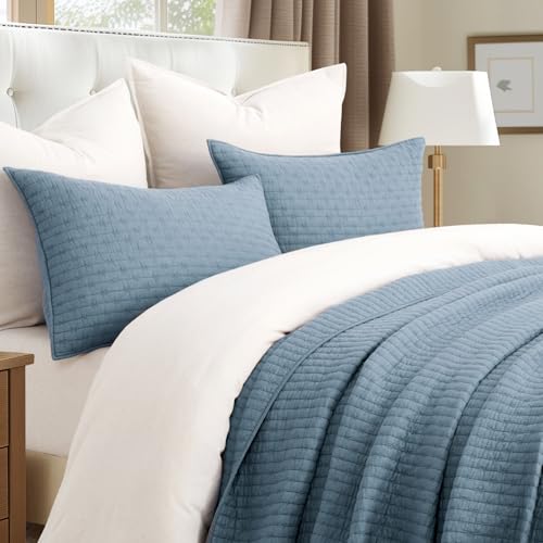 EverGrace 100% Cotton Cross Stitch 3-Piece Quilt Set, 118"x106", Dusty Blue - color: Dusty Blue, size: OVERSIZED CAL KING (118" x 106")