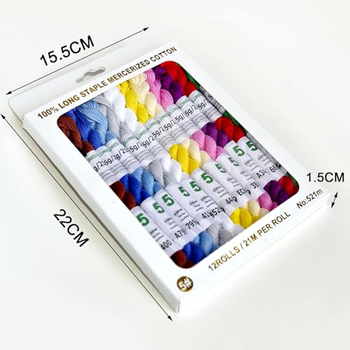 Mercerized Pearl Cotton Crochet Needlepoint Thread,Size 5, 12 skeins,12 Mixed Colors,21 M/Skein
