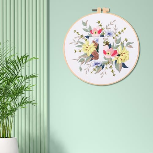 IUHUI Embroidery Kit for Beginners Adults - 26 Floral Letters Easy Patterns, DIY Hand Stitching Embroidery Set with Hoop (Flower and Grass Letter T) - color: Flower and Grass Letter T