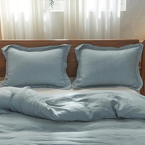 Simple&Opulence 100% French Linen Pillowcases with Embroidery – Pack of 2, Washed Solid Color Natural Flax, Soft & Breathable - Dusty Blue, 20'' x 26'' - color: Dusty Blue, size: Queen