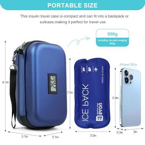 Gosemai Insulin Cooler Travel Case TSA Approved 2*180g IcePack Temp Display - color: Blue