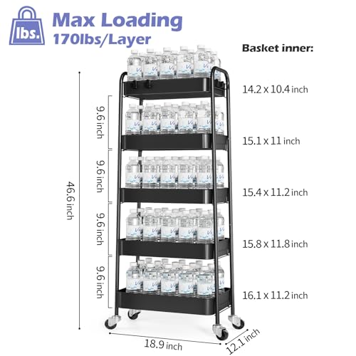 TOOLF 5-Tier Metal Rolling Cart with Wheels, Storage Utility Cart Black - color: Black, size: 5-Tier