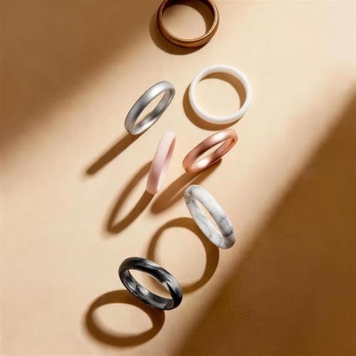 Egnaro Women's Silicone Wedding Ring 2.5mm Wide 1.8mm Thick Rubber Band Set - color: 4-Bronze,White,Silver,Light Pink,Marble,Rose Gold,Black Glamour