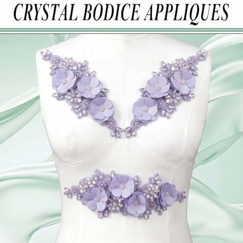 3D Flower Embroidery Beaded Applique Rhinestone Lace Patch Purple - color: Purple