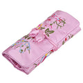 TUMBEELLUWA Embroidery Travel Jewelry Bag Roll Embroidered Flower and Bird Brocade Organizer with Tie Close - color: #4 Pink