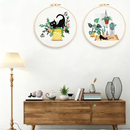 Mozzyyee 4pcs Cat Embroidery Kits for Beginners, DIY Adult Beginner Embroidery Sets with Instructions, 2 Plastic Embroidery Hoops,Scissor, Threads and Needles (Black Cats) - color: Black Cats