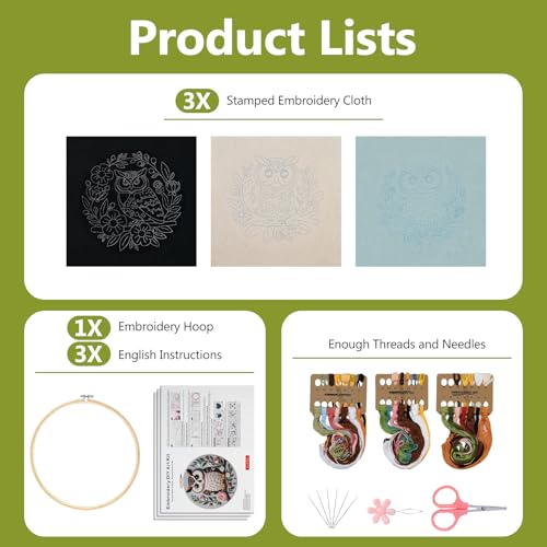 Santune Embroidery Kit for Beginners Needlepoint Cross Stitch Kits Adult Needle Point Sets with Owl Embroidery Patterns, Includes Step-By-Step Instructions and Accessories - color: Owl Series