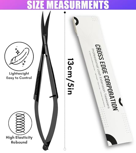 Cross Edge Curved Spring Scissors 5 Inch Stainless Steel Precision Eyebrow & Eyelash Shaping & Trimming Scissor, Snips Squeeze, Embroidery, Knitting Micro Tip Craft Scissors (Black) - color: Cec-ss-28