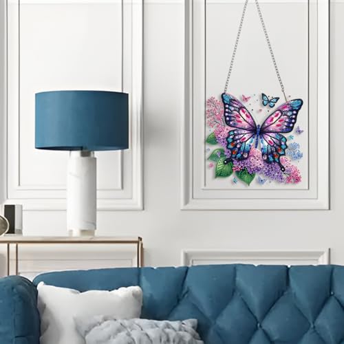 STGLCR Butterfly Diamond Art Hanging Kit for Adult,Special Shaped DIY Acrylic 5D Flowers Diamond Art Painting Window Pendants Home Garden Wall Hanging Kits Hanging Ornament 7.8inch Purple Foral - color: 92-Butterfly Flower purple