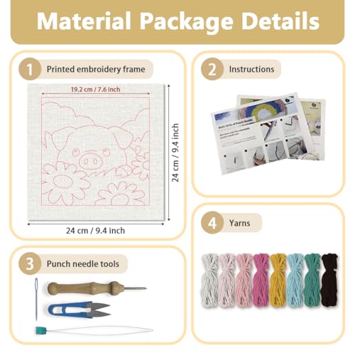 DOODLREAM Flowers Pig Punch Needle Kit for Beginner 9.4"x 9.4" - color: Pig