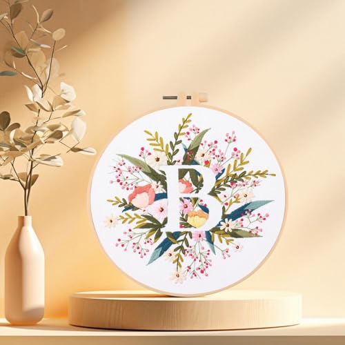 IUHUI Embroidery Kit for Beginners Adults - 26 Floral Letters Easy Patterns, DIY Hand Stitching Embroidery Set with Hoop (Flower and Grass Letter B) - color: Flower and Grass Letter B