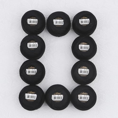 Size 8 Double Mercerized Egyptian Long Staple Cotton Pearl Thread Ball 10 Grams (87 Yards) Black Embroidery Thread 10 per Box for Crochet Hardanger Cross Stitch Hand Embroidery (Set Black) - color: Set black