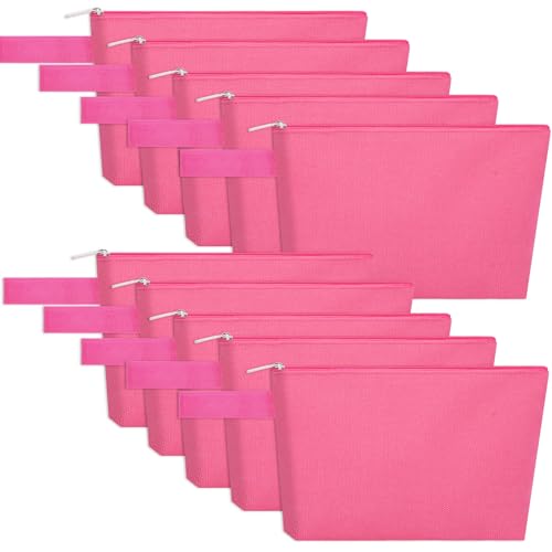 10 Pieces Cotton Canvas Makeup Bag with Bottom and Strap, Multi-Purpose Cosmetic Bag with Zipper Travel Toiletry Pouch, Blank DIY Craft Bag (Hot Pink, M) - color: Hot Pink, size: M