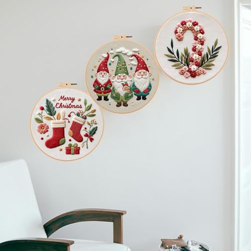 Smart-Feather 3 Sets Holiday Embroidery kit for Beginners, Hand Embroidery Kits for Adults with Hoop, DIY Art Project Craft Kit (Season) - style: season